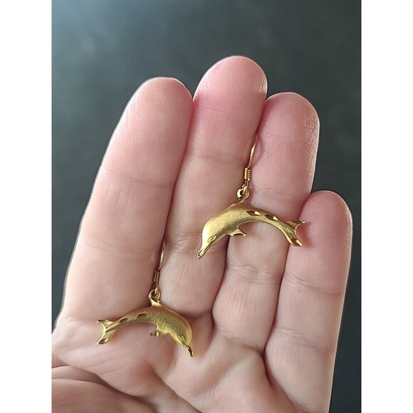 Gold Tone Dolphin Shaped Dangling Pierced Earrings Vintage Costume Jewelry - Picture 2 of 10